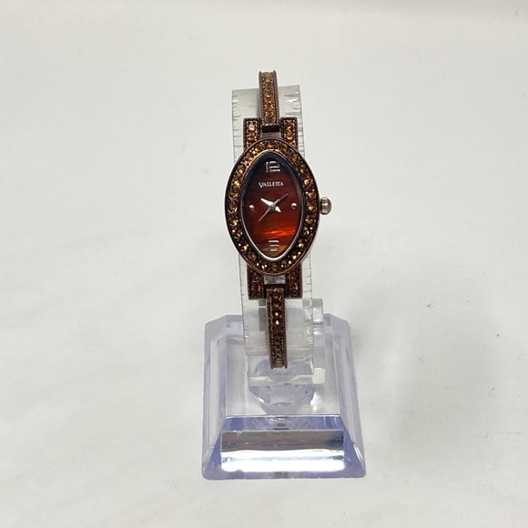 Valletta Watch Women Brown Metallic Orange Crystals Autumn Oval New Battery 6.5" - Picture 4 of 16